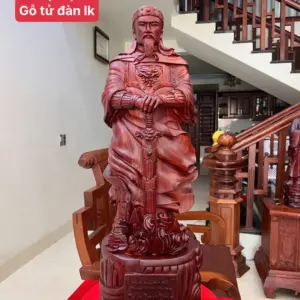 Tượng Trần Quốc Tuấn Chống Kiếm Gỗ Tử Đàn Liền Khối Đục Kỹ Đẹp G5110