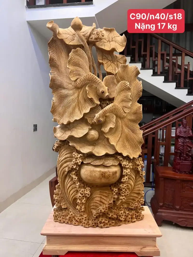 Tượng Cá Xiêm Gỗ Ngọc Am Liền Khối Mộc Đẹp KT:90x40x18