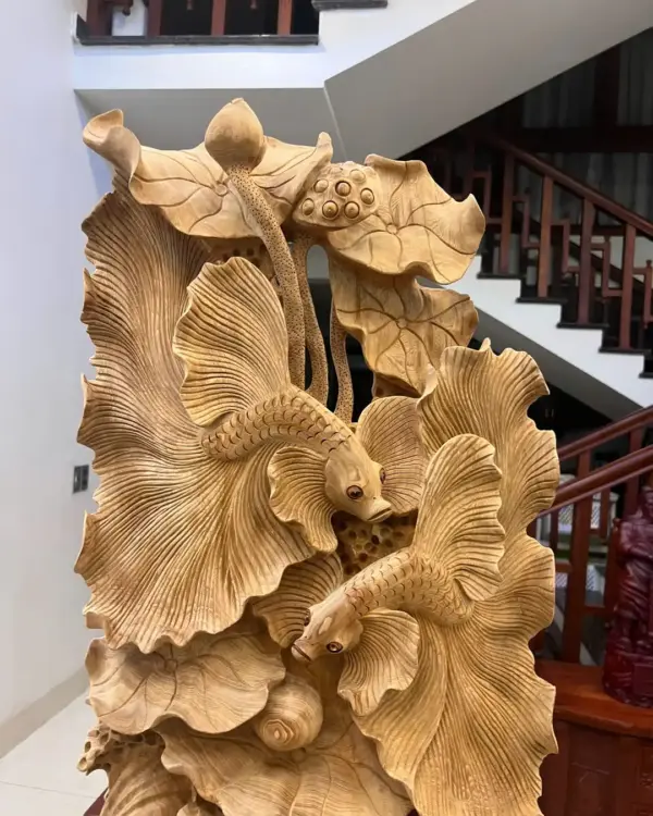 Tượng Cá Xiêm Gỗ Ngọc Am Liền Khối Mộc Đẹp KT:90x40x18