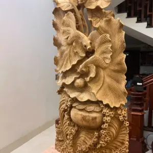 Tượng Cá Xiêm Gỗ Ngọc Am Liền Khối Mộc Đẹp KT:90x40x18
