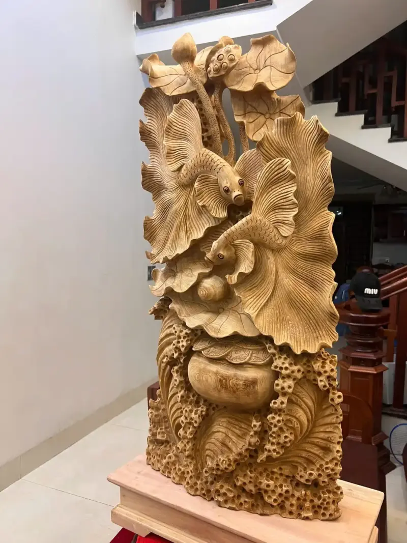 Tượng Cá Xiêm Gỗ Ngọc Am Liền Khối Mộc Đẹp KT:90x40x18