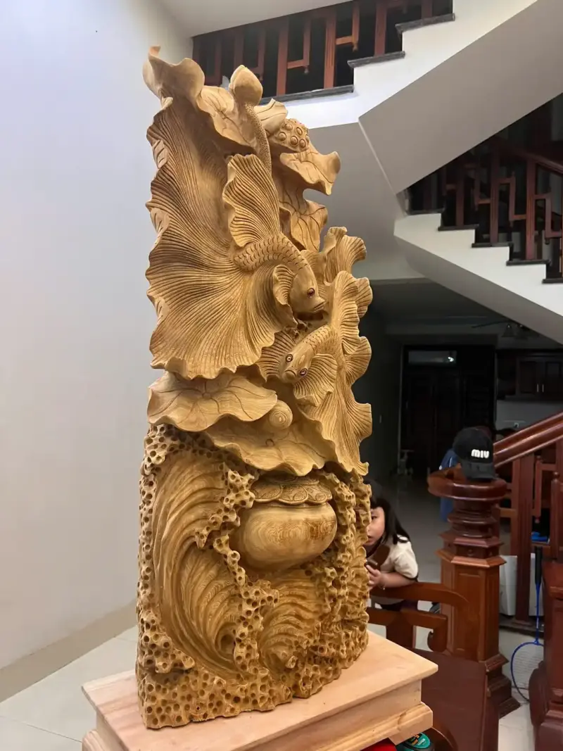 Tượng Cá Xiêm Gỗ Ngọc Am Liền Khối Mộc Đẹp KT:90x40x18