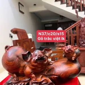 Tượng Cặp Heo Gỗ Trắc Việt Liền Khối Gỗ Đẹp KT:20x37x15