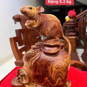 Tượng Chuột Bê Vàng Gỗ Cẩm Việt Vân Víp Liền Khối KT:32x24x16