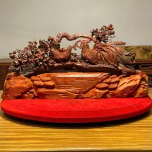 Tượng Gia Đình Gà Gỗ Tử Đàn Ấn Cao 25cm