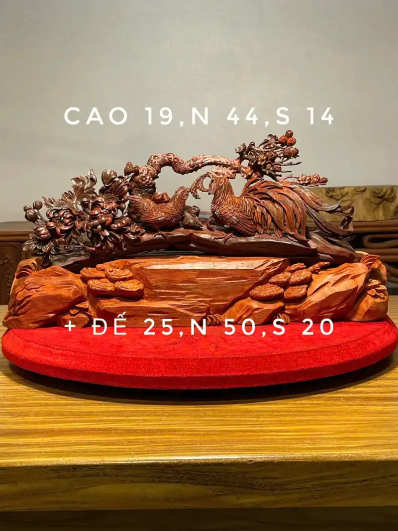 Tượng Gia Đình Gà Gỗ Tử Đàn Ấn Cao 25cm
