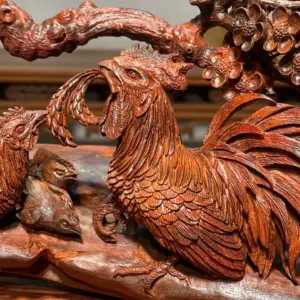Tượng Gia Đình Gà Gỗ Tử Đàn Ấn Cao 25cm