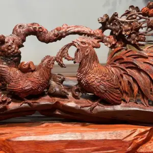 Tượng Gia Đình Gà Gỗ Tử Đàn Ấn Cao 25cm