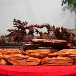 Tượng Gia Đình Gà Gỗ Tử Đàn Ấn Cao 25cm