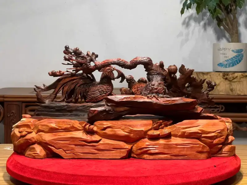 Tượng Gia Đình Gà Gỗ Tử Đàn Ấn Cao 25cm