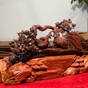 Tượng Gia Đình Gà Gỗ Tử Đàn Ấn Cao 25cm