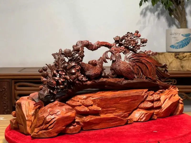 Tượng Gia Đình Gà Gỗ Tử Đàn Ấn Cao 25cm