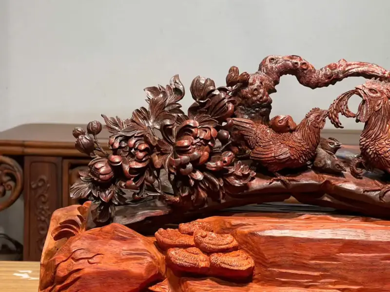 Tượng Gia Đình Gà Gỗ Tử Đàn Ấn Cao 25cm