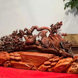 Tượng Gia Đình Gà Gỗ Tử Đàn Ấn Cao 25cm