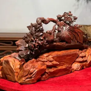 Tượng Gia Đình Gà Gỗ Tử Đàn Ấn Cao 25cm