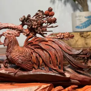 Tượng Gia Đình Gà Gỗ Tử Đàn Ấn Cao 25cm