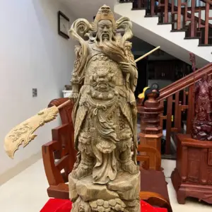 Tượng Quan Công Gỗ Trắc Xanh Liền Khối Hàng Đục Kỹ Có Sơn Cao 70cm