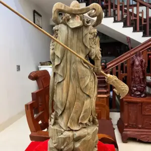 Tượng Quan Công Gỗ Trắc Xanh Liền Khối Hàng Đục Kỹ Có Sơn Cao 70cm
