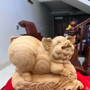 Tượng Heo Gỗ Ngọc Am Liền Khối Mộc Đẹp Cao 22cm