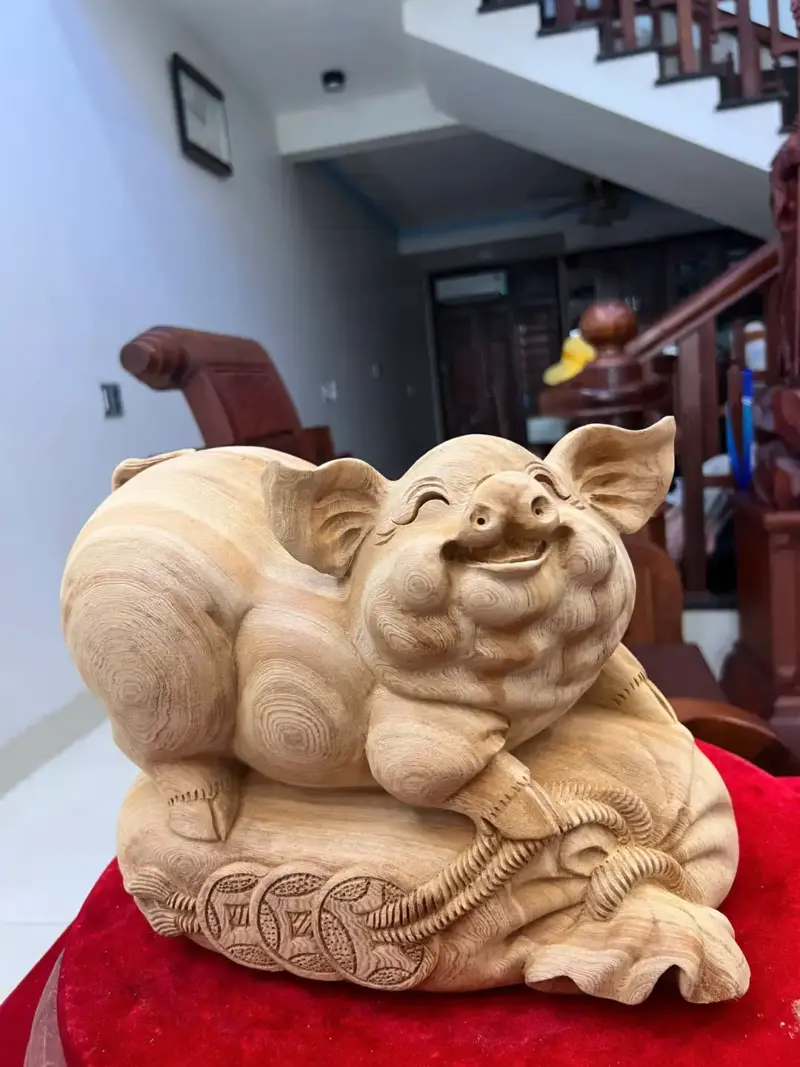 Tượng Heo Gỗ Ngọc Am Liền Khối Mộc Đẹp Cao 22cm