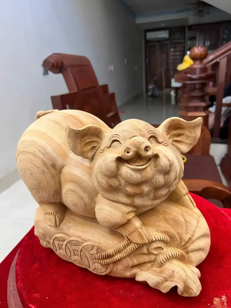 Tượng Heo Gỗ Ngọc Am Liền Khối Mộc Đẹp Cao 22cm